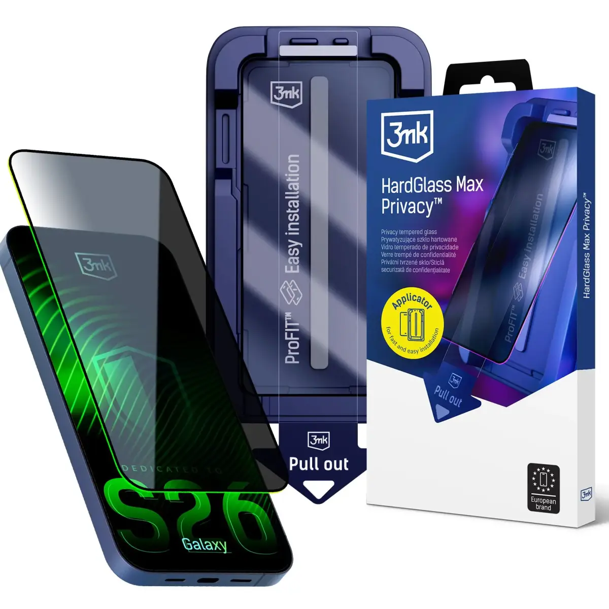 3mk HardGlass Max Privacy aizsargstikls telefona ekrānam Galaxy S26 (privātuma efekts) ar uzstādīšanas rāmi