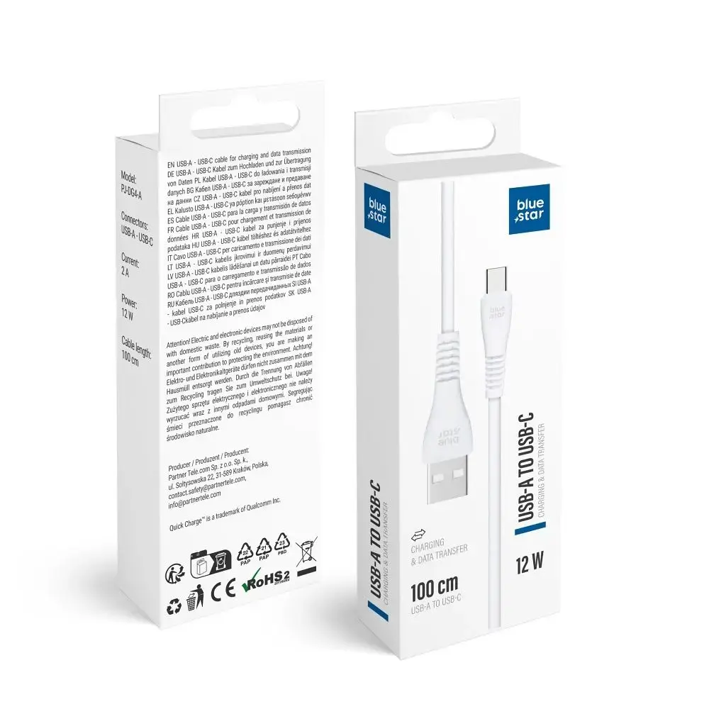 Blue Star PJ-DG4-A datu pārraides un uzlādes vads | USB-A uz USB-C | 12W | 1m | balts