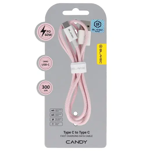 Blavec CCA-UC3P30 datu pārraides un uzlādes vads | USB-A uz USB-C | 60W | 3m | rozā