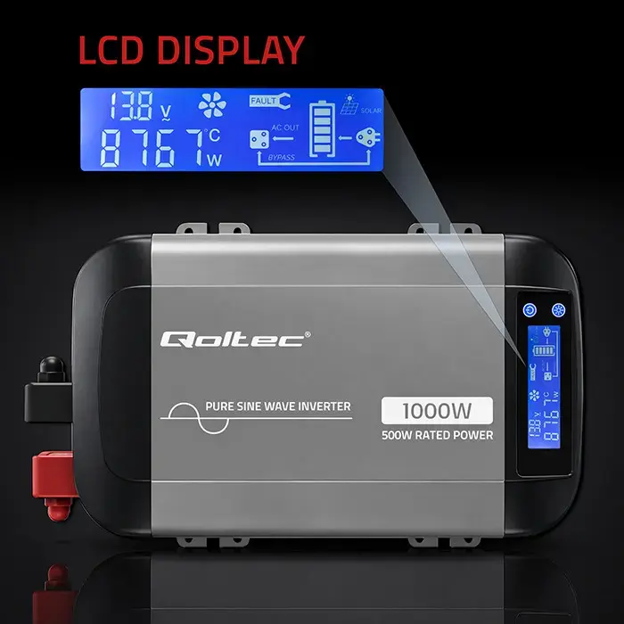Qoltec Pure Sine Wave Inverter | 12V to 230V | 500/1000W | LCD | USB | USC-C | Compatible with LiFePO4 GEL AGM