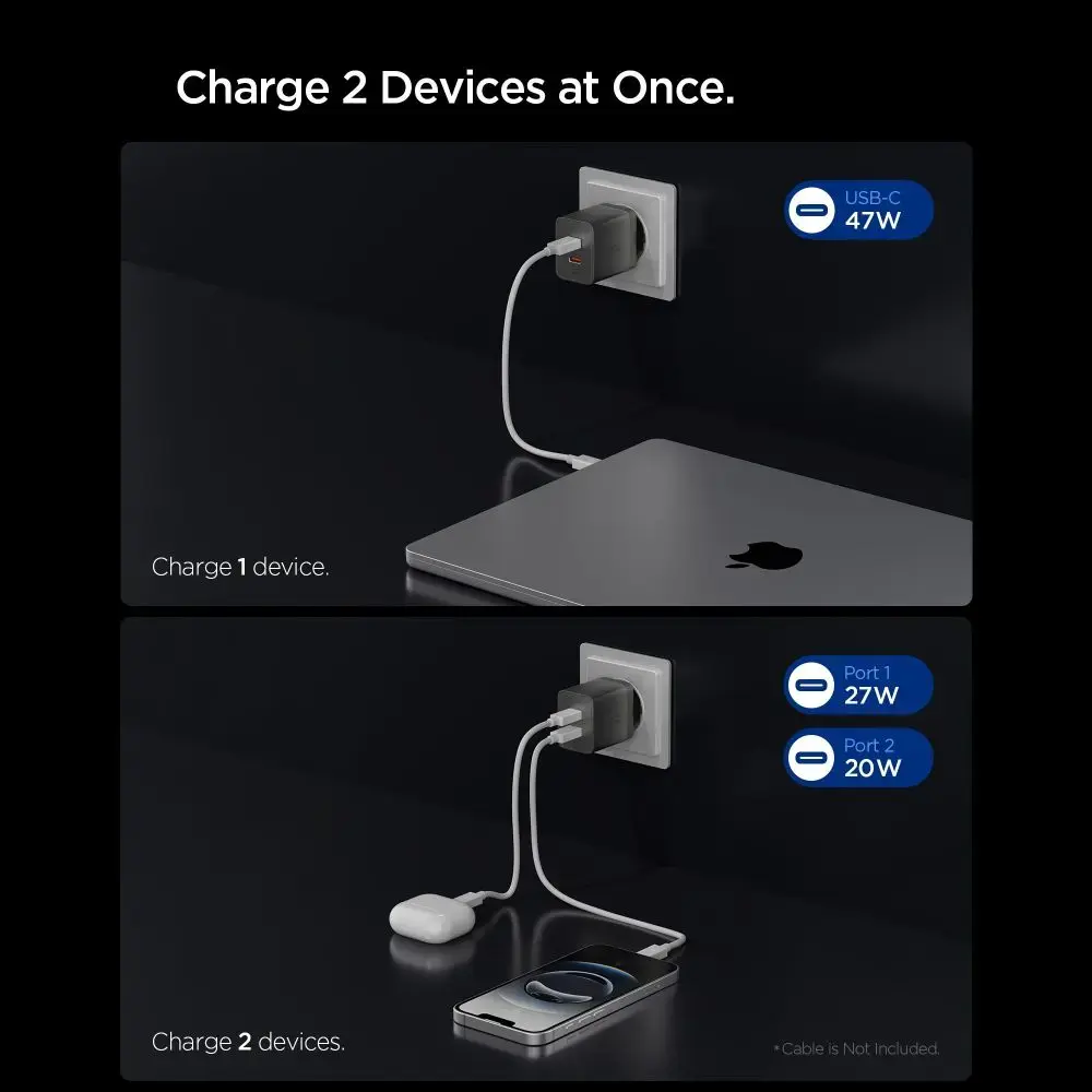 Spigen Essential EE472EU-GAN tīkla lādētājs | 47W | GaN | USB-C, USB-A | pelēks