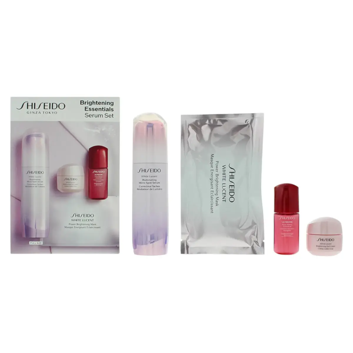 Set Shiseido: Brightening Essentials, Pigment-Correcting, Serum, For Face, 50 ml + Brightening Essentials, Hydrating, Serum, For Face, 10 ml *Miniature + Brightening Essentials, Hydrating, Gel Cream, For Face & Neck, 15 ml + Brightening Essentials, Hydrating, Sheet Mask, For Face