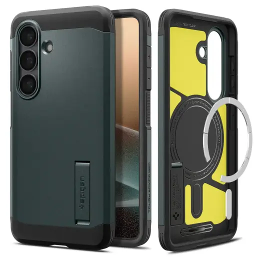 Spigen Tough Armor Mag phone case with MagSafe support for Samsung Galaxy S26 (S942) green