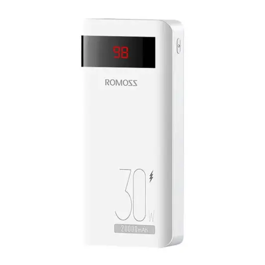 Romoss Sense6PS Pro ārējais akumulators (powerbank) | 20000 mAh | 30W | USB-C, USB-A, Lightning, Micro USB | LED ekrāns | balts
