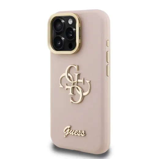 Guess 4G Logo Stand Camera Frame чехол для телефона для iPhone 15 Pro Max розовый