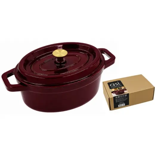 Oval cast iron casserole pot with lid, 4.5L / 29x23cm, cherry red