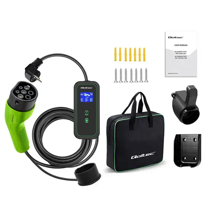 Qoltec Mobile charger for EV 2-in-1 Type2 | 3.5kW | 230V | SCHUKO 16A | LCD | Portable | Wallbox | 5m