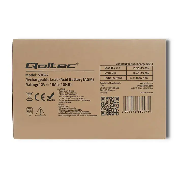 Qoltec AGM battery | 12V | 18Ah | Maintenance-free | Efficient| LongLife | for UPS, scooter