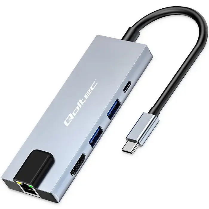Qoltec 53795 centrmezgla adapteris USB-C 5in1 | USB-C PD 100W | 2x USB | HDMI 4K | RJ45