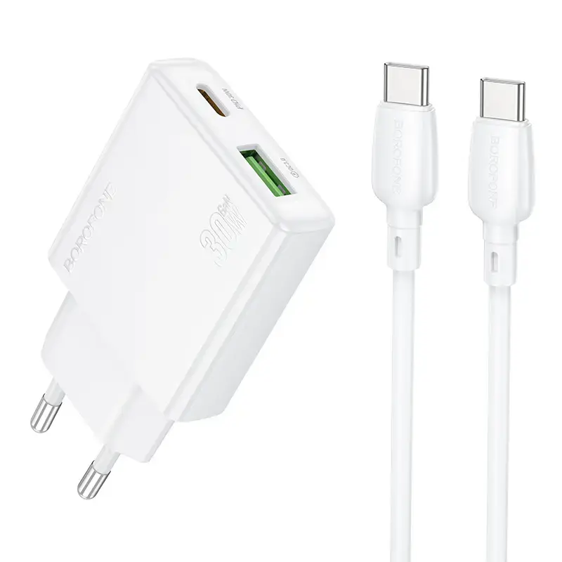 Borofone BN25 travel charger | 30W | PD, QC3.0 | USB-A, USB-C | with USB-C to USB-C cable included | white