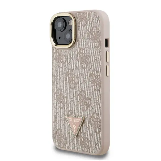 Guess PU 4G Strass Triangle Logo Stand Camera Frame MagSafe telefona maciņš iPhone 15 Pink