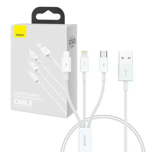 Baseus P10320105221-00 3-in-1 data transfer and charging cable | USB-A to USB-C, Lightning, Micro USB | 17.5W | 0.5m | white