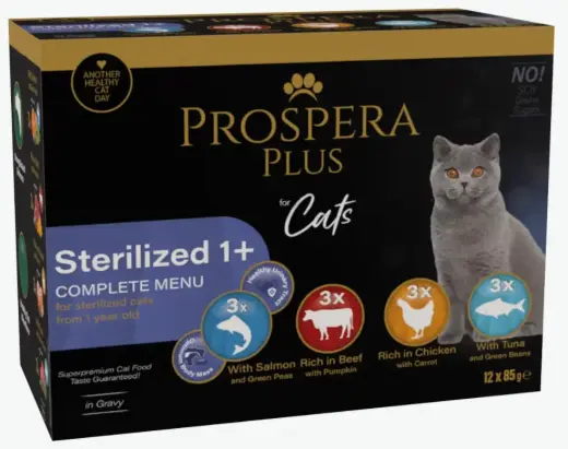 Konservi kaķiem - Prospera Plus, Cat Pouch Sterilized 1+, Mix, 12 x 85 g