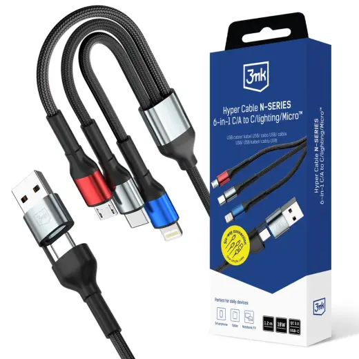 3mk Hyper N-SERIES 6-in-1 duomenų perdavimo ir įkrovimo laidas | USB-C, USB-A į USB-C, Lightning, Micro USB | QC 3.0 | 18W | 1.2m | juodas