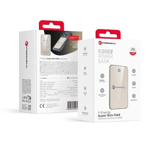 Forcell F-Energy SuperSlim F5K8 ārējais akumulators (powerbank) | 5000 mAh | 15W | PD3.0, QC4.0 | USB-C, MagSafe | pelēks
