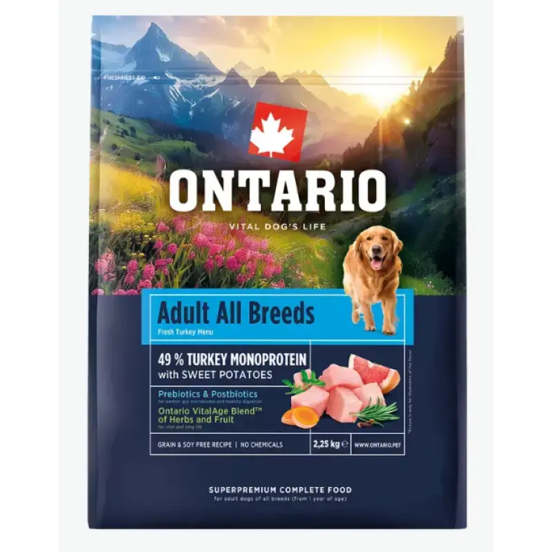Barība suņiem – Ontario Adult All Breeds, Monoprotein, Turkey and Sweet Potatoes, 2,25 kg