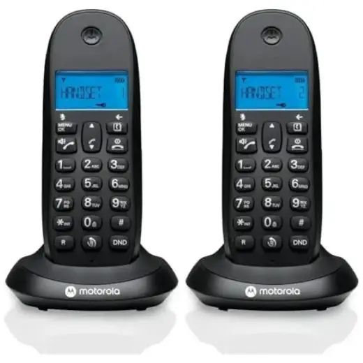 Set of Motorola C1002CB+ cordless landline phones black 2 psc.