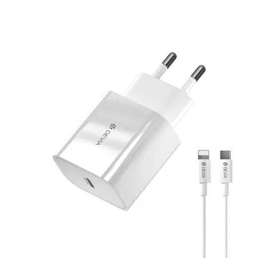 Devia Smart tīkla lādētājs | 20W | PD | USB-C | Lightning uz USB-C vads komplektā | balts