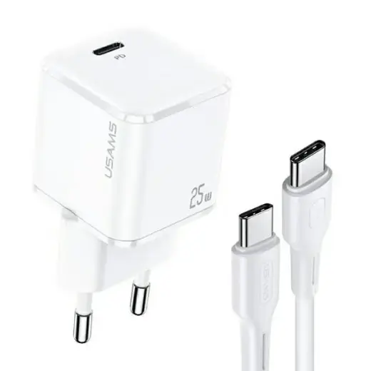 USAMS YJXLOGTC02 tīkla lādētājs 25W | USB-C | PD 3.0 ar USB-C | USB-C vadu komplektā balts