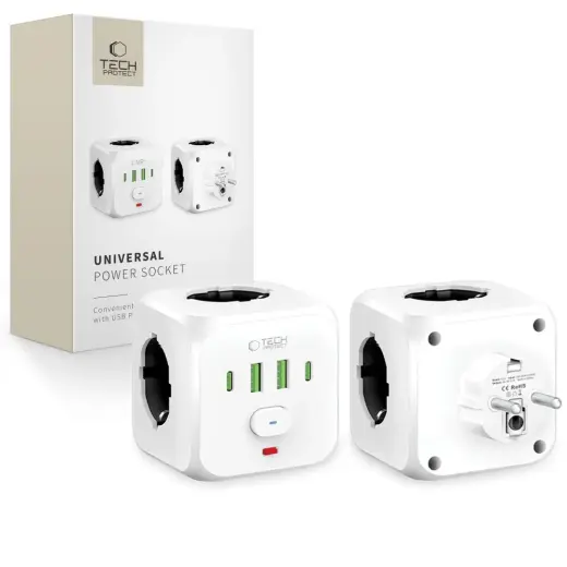 TECH-PROTECT PCL3X4 strāvas rozetes adapteris 2 x USB | 2 x USB-C | 3 x LIGZDAS balts