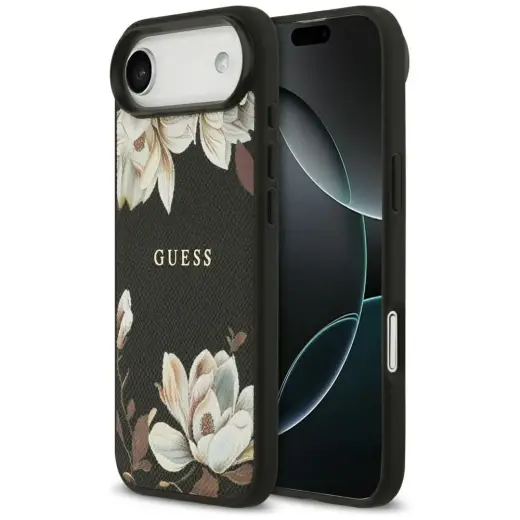 Guess Grained Flowers Classic Logo telefoniümbris MagSafe toega iPhone 17 Air jaoks, must