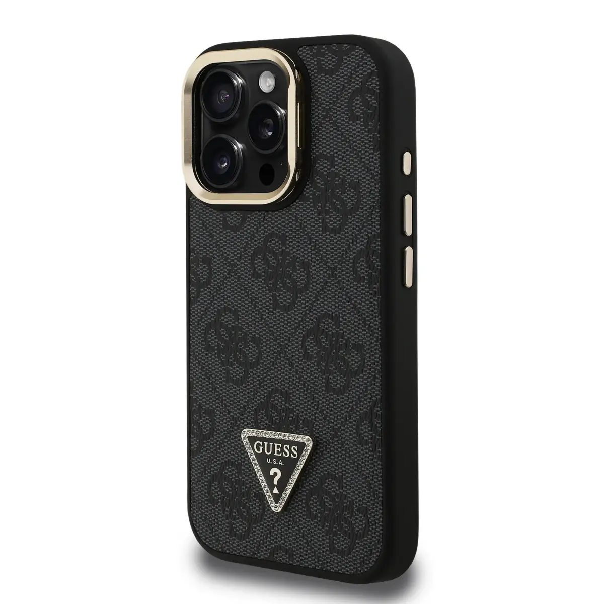 Guess PU 4G Strass Triangle Logo Stand Camera Frame MagSafe Case for iPhone 15 Pro Black