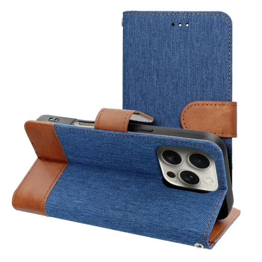 Jeans knyginio tipo telefono dėklas iPhone 16 Pro Max mėlynas