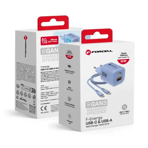 Forcell F-Energy GaN III Crystal Color tīkla lādētājs | 33W | PD, QC, GaN | USB-C, USB-A | ar USB-C uz USB-C vadu komplektā | zils