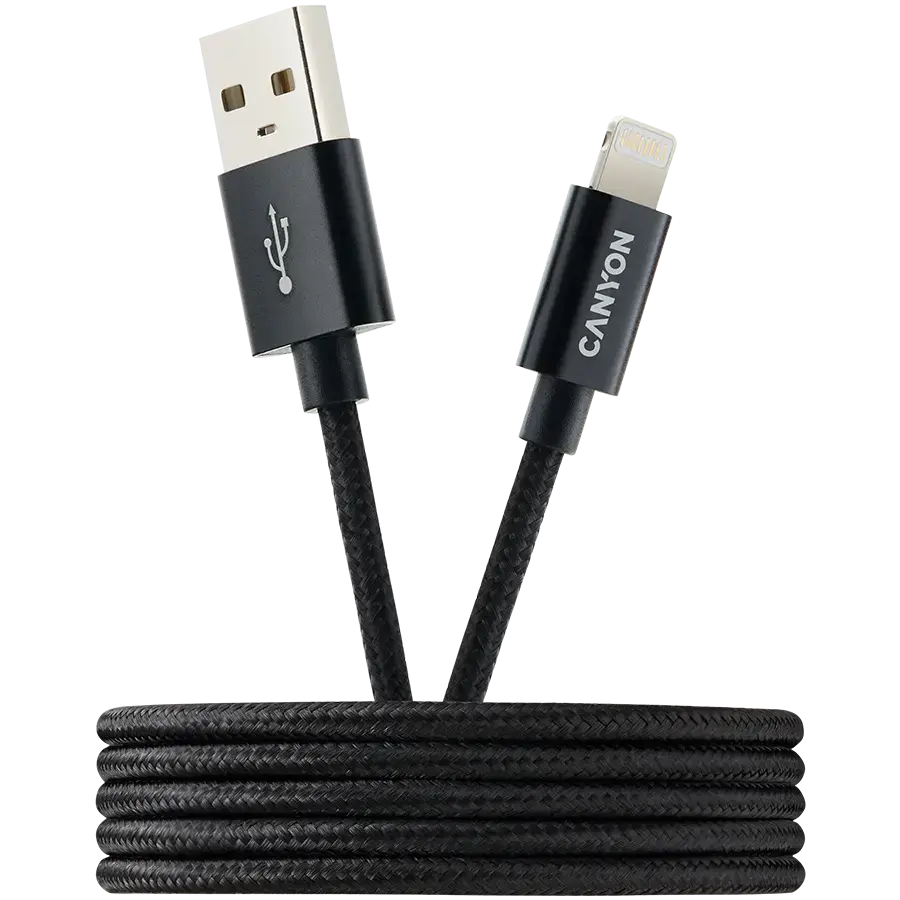 CANYON CFI-3, Lightning USB Cable for Apple, braided, metallic shell, cable length 1m, Black, 14.9*6.8*1000mm, 0.02kg