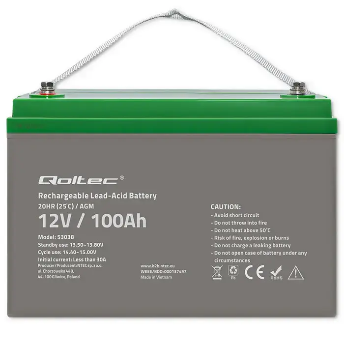Qoltec AGM battery | 12V | 100Ah | 28.1kg | Maintenance-free | Strong | LongLife | for UPS, RV, boat, heater