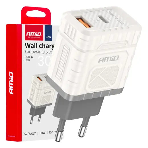 AMiO AMiO-04286 tīkla lādētājs | 30W | QC, GaN | USB-A, USB-C