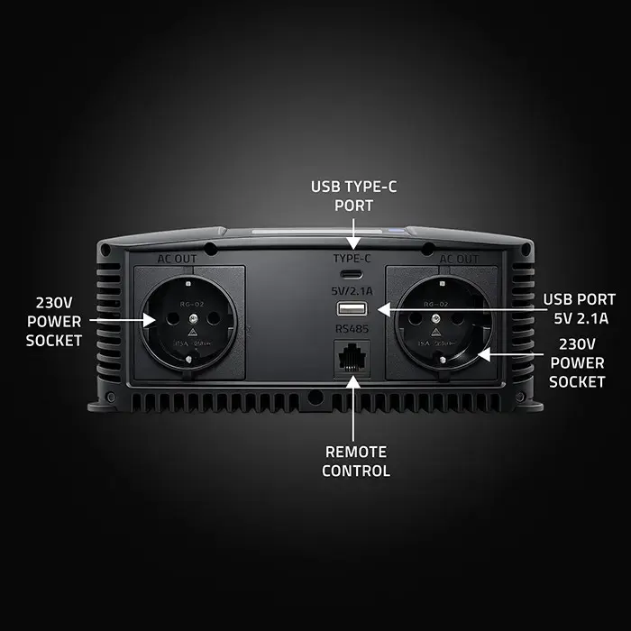 Qoltec Pure Sine Wave Inverter | 12V to 230V | 2000/4000W | LCD | USB | USC-C | Compatible with LiFePO4 GEL AGM