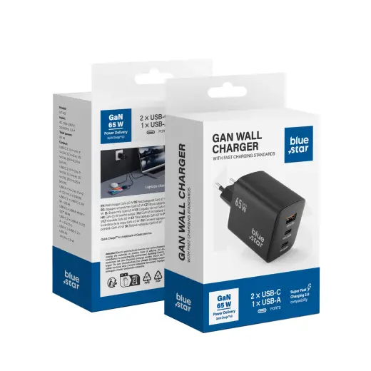 Blue Star VT-43 reisilaadija | 65W | PD, QC, GaN | USB-C, USB-A | must
