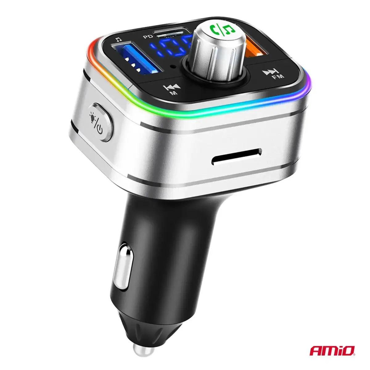 Car FM Transmitter 1×USB-C microSD 12V 24V AMIO-04652