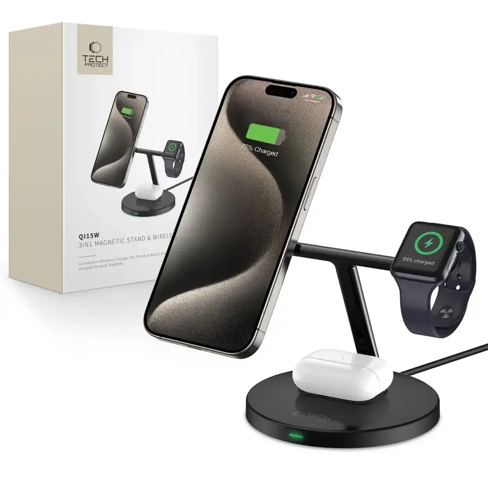 Tech-Protect QI15W-A35 3in1 inductive charger with MagSafe for phone | AirPods | Apple Watch - black