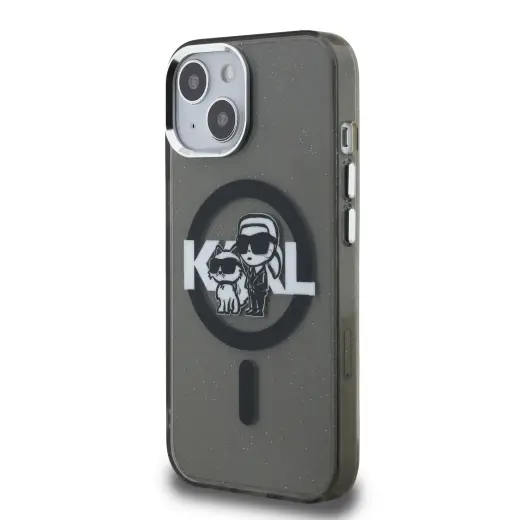 Karl Lagerfeld IML Glitter Karl and Choupette Sketch MagSafe Case for iPhone 15 Black