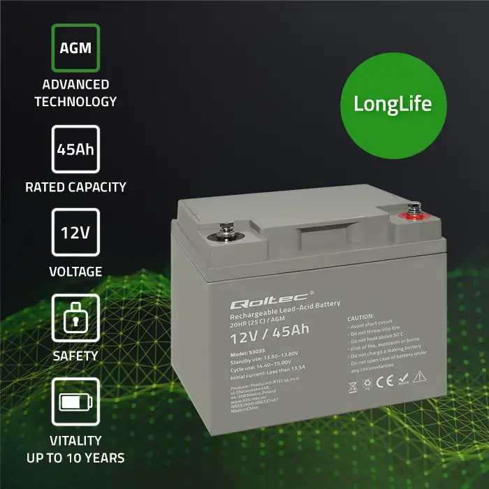Qoltec AGM battery | 12V | 45Ah | Maintenance-free | Strong | LongLife | for UPS, RV, boat, heater