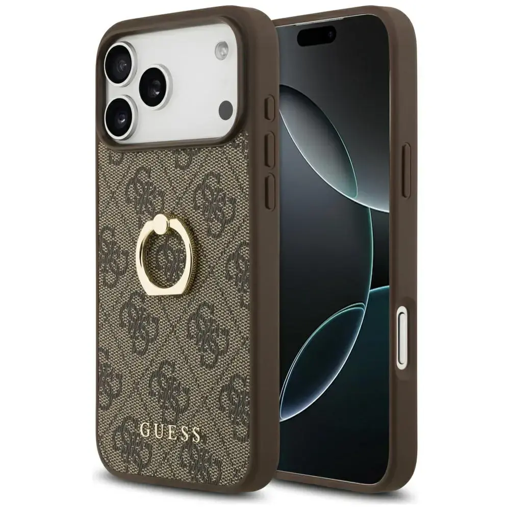 Guess 4G Ring Stand maciņš ar statīvu telefonam iPhone 17 Pro Max brūns