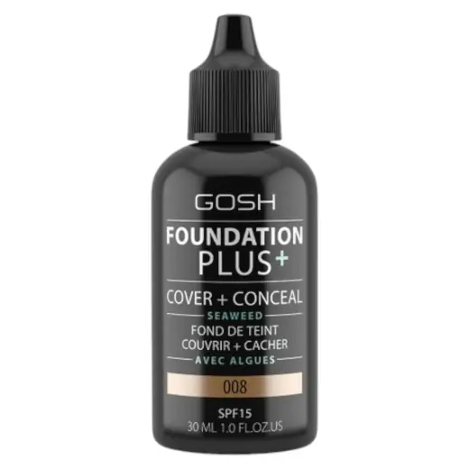 Gosh, Foundation Plus+, Cover & Conceal, Liquid Foundation, 008, Honey, SPF15, 30 ml
