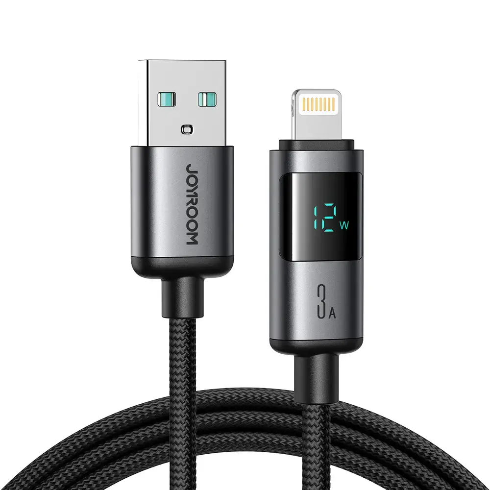 Joyroom S-A16 Pro Prism Series datu pārraides un uzlādes vads | USB-A uz Lightning | 15W | ar LED ekrānu | 1.2m | melns