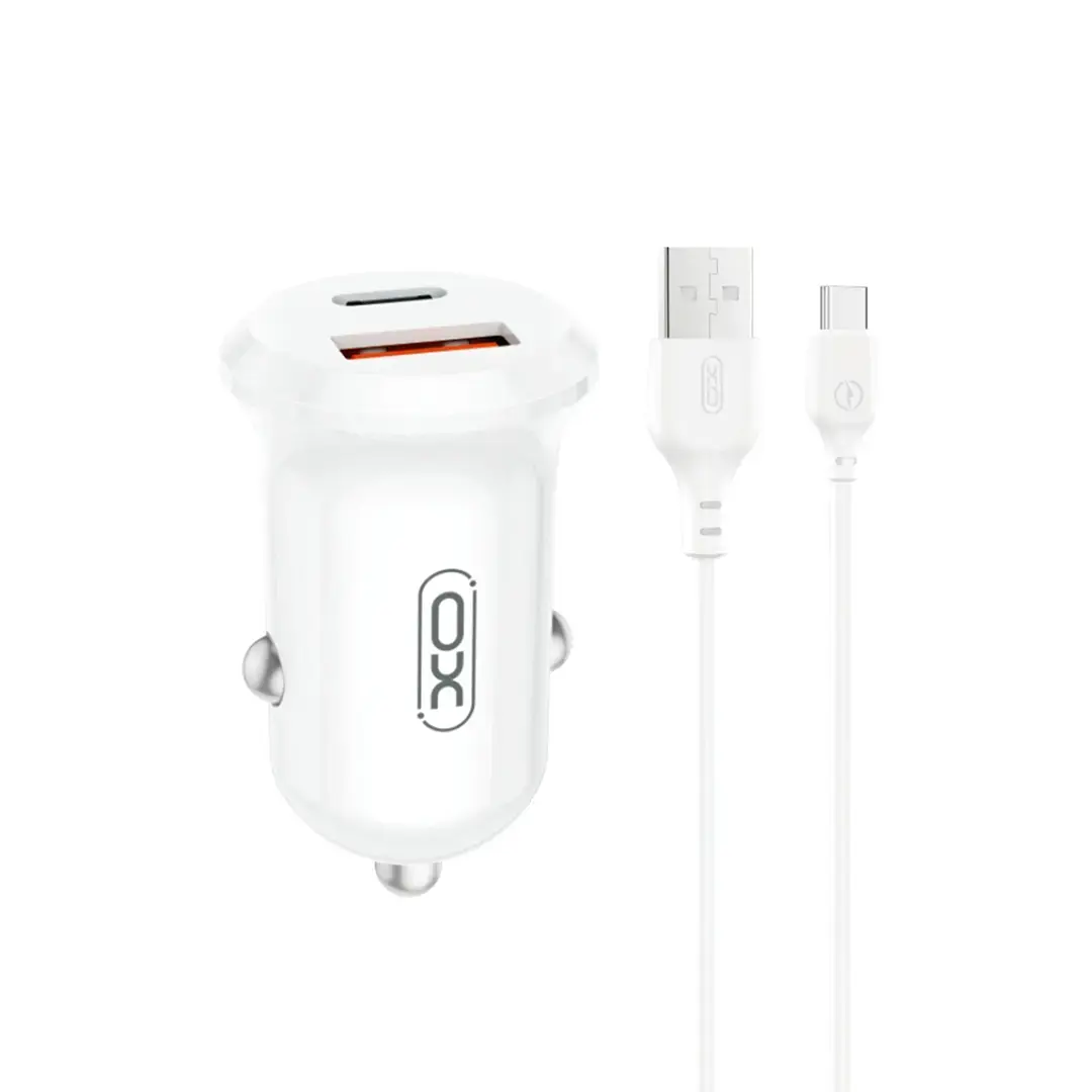 XO CC69 auto lādētājs | 30W | PD, QC | USB-A, USB-C | ar USB-A uz USB-C vadu komplektā | balts