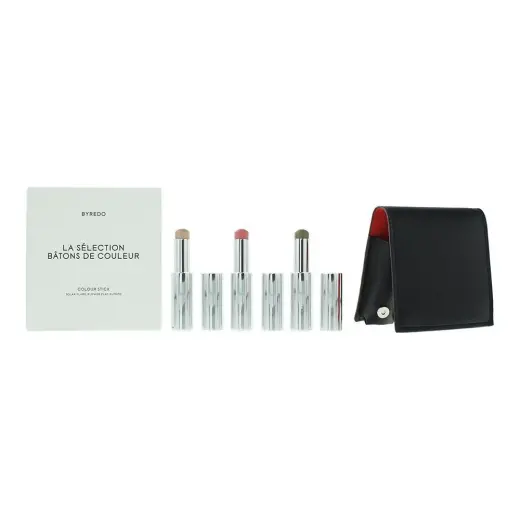 Orange Set Byredo: Colour Stick, Multifunctional, Eyeshadow Stick, 509, Solar Flare, 3.5 g + Colour Stick, Multifunctional, Eyeshadow Stick, Kumato Face, 3.5 g + Colour Stick, Multifunctional, Eyeshadow Stick, Flower Play, 3.5 g + Byredo, GWP Leather Pouch