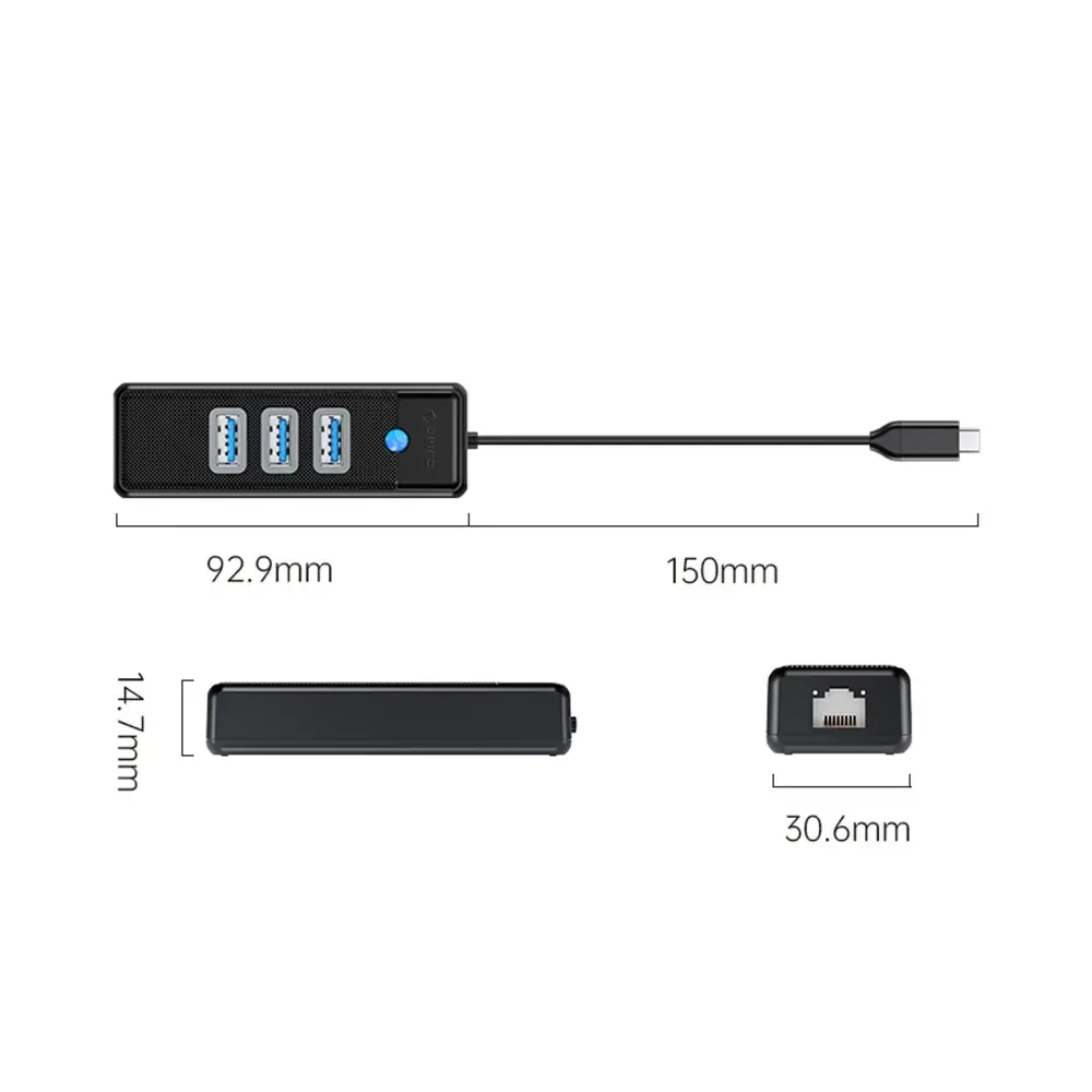 Orico PW3UR25-C3 USB Hub 4-Port 3x USB-A 3.0 1x RJ45 2.5G Ethernet 0.15m - Black