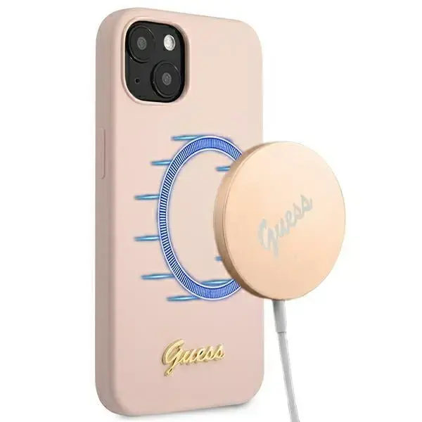 Guess GUHMP13MLSLMGLP iPhone 13 6,1" jasnoróżowy|light pink hardcase Silicone Script Gold Logo Magsafe