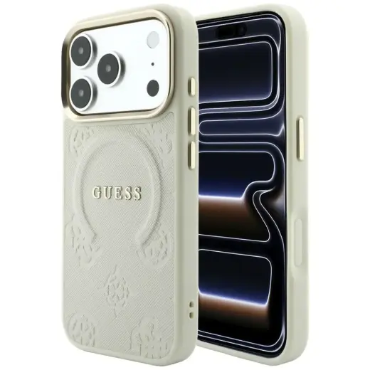 Case Guess Saffiano Peony & Ring MagSafe for iPhone 18 Pro / 17 Pro beige