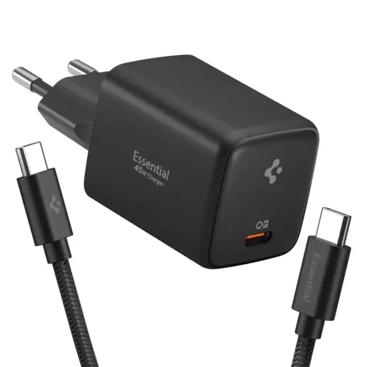 Зарядное устройство Spigen EE451EU Essential | 45W | GaN | USB-C | с кабелем USB-C на USB-C в комплекте | чёрное