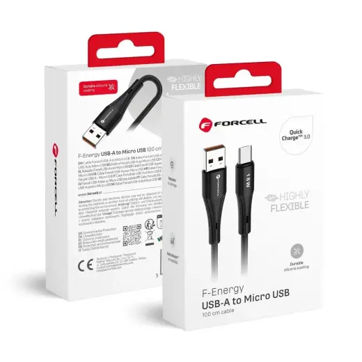 Forcell F-Energy C341 duomenų perdavimo ir įkrovimo laidas | USB-A į Micro USB | QC 3.0 | 18W | 1m | juodas
