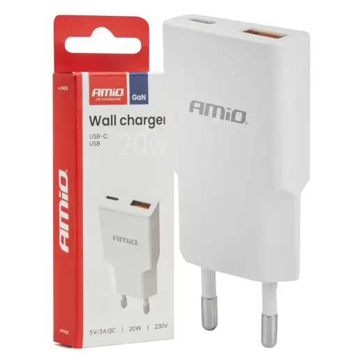 AMiO AMIO-04838 tīkla lādētājs | 20W | GaN | USB-C, USB-A