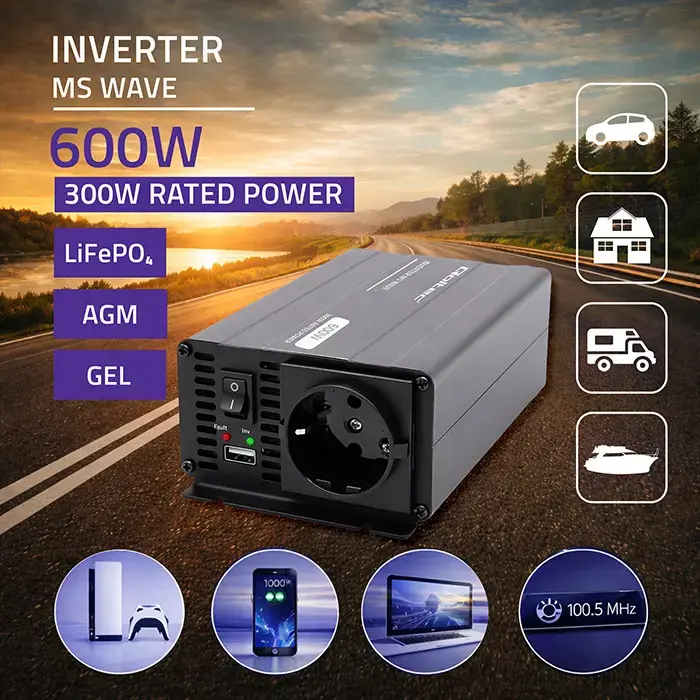 Qoltec MS Wave Voltage Converter | 12V to 230V | 300/600W | USB | Compatible with LiFePO4, GEL and AGM batteries