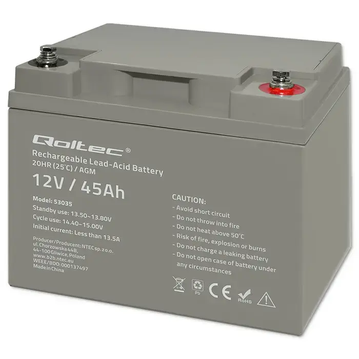 Qoltec AGM battery | 12V | 45Ah | Maintenance-free | Strong | LongLife | for UPS, RV, boat, heater